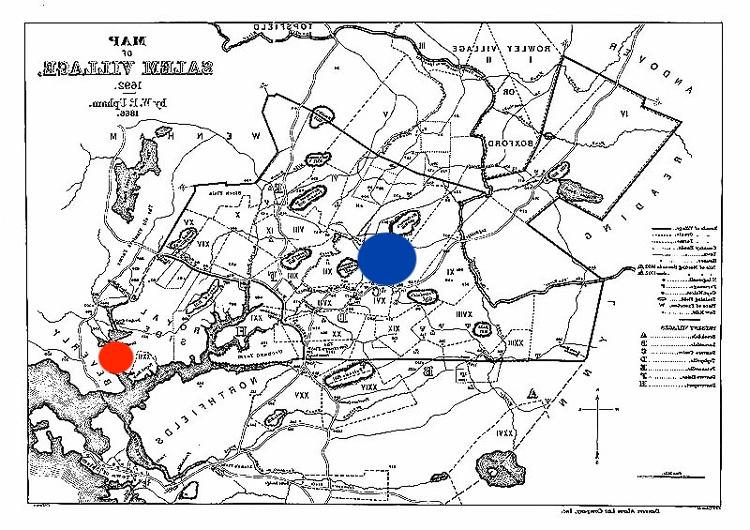 塞勒姆的黑白地图, with a blue dot near the center indicating 萨勒姆 village 和 a red dot near the right corner indicating 萨勒姆 town